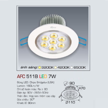 AFC 511B LED 7W: Đèn LED âm trần 7W, 1 chế độ ánh sáng (vàng / trung tính/trắng)