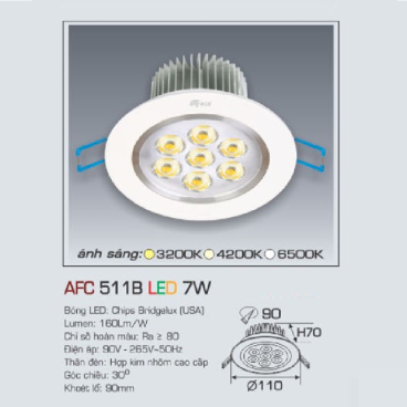 AFC 511B LED 7W: Đèn LED âm trần 7W, 1 chế độ ánh sáng (vàng / trung tính/trắng)
