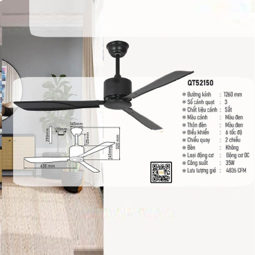 QT52150: Quạt trần 3 cánh sắt