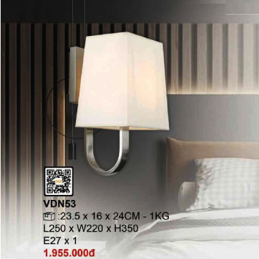 VDN53: Đèn gắn tường chao vải - KT: L250mm x W220mm x H350mm - Bóng đèn E27 x 1