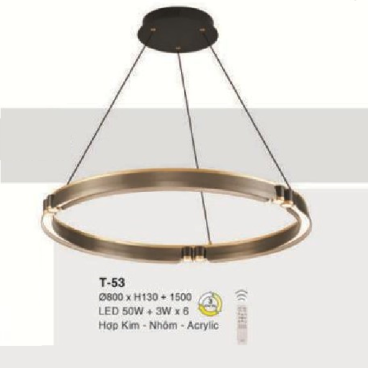 E - T - 53: Đèn thả 1 vòng LED - KT: (Ø800mm x H130mm) x H1500mm - Đèn LED 50W + 3W x 6 bóng - Ánh sáng đổi 3 màu