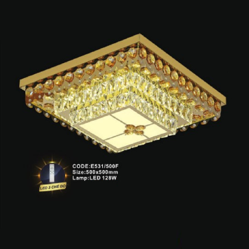CODE: E531/500F: Đèn áp trần vuông LED - KT: L500mm x W500mm - Đèn LED 128W ánh sáng đổi 3 màu