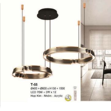 E - T - 55: Đèn thả 2 vòng LED gắn rời - KT: (Ø400mm + Ø600mm ) x H130mm x H1500mm - Đèn LED 70W + 3W x 12 bóng - Ánh sáng đổi 3 màu