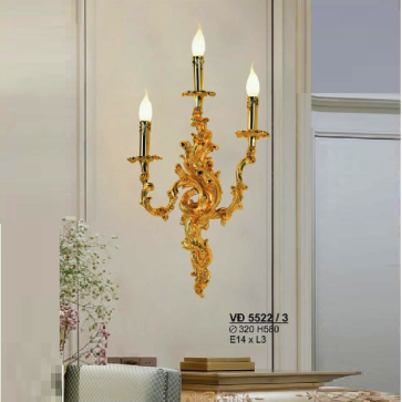 SN - VĐ  5522/3: Đèn vách đồng ba bóng,  đèn nến - KT: Ø320mm x H580mm - Đèn chân E14 x 3 bóng
