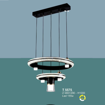 T 5575: Đèn thả vòng LED 2 tầng  - KT: Ø(460+290)mm x H1000mm - Đèn LED 155W ánh sáng đổi 3 màu