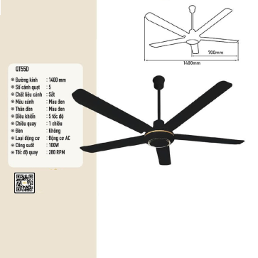 QT55D: Quạt trần 5 cánh sắt màu đen