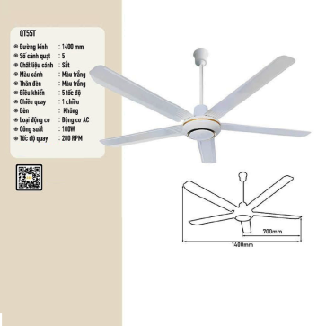QT55T: Quạt trần 5 cánh sắt màu trắng