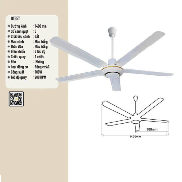 QT55T: Quạt trần 5 cánh sắt màu trắng