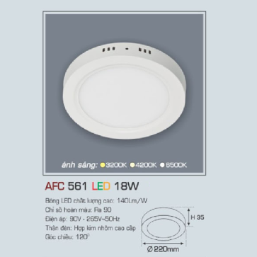 AFC 561 LED 18W: Đèn LED ốp nổi 18W, 1 chế độ ánh sáng (vàng/trung tính/trắng)