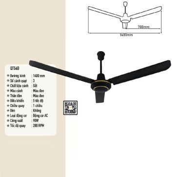 QT56D: Quạt trần 3 cánh sắt màu đen