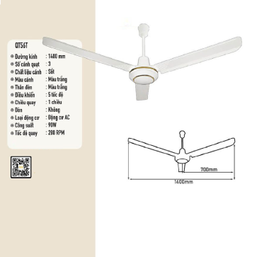 QT56T: Quạt trần 3 cánh sắt màu trắng