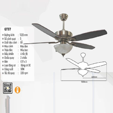 QT57: Quạt trần đèn 5 cánh gỗ, chao thủy tinh