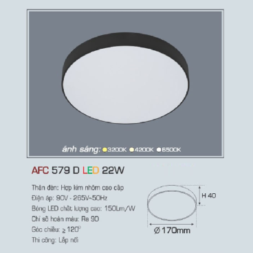 AFC 579D LED 22W: Đèn LED tràn viền ốp nổi 22W, 1 chế độ ánh sáng (vàng/trung tính/trắng)
