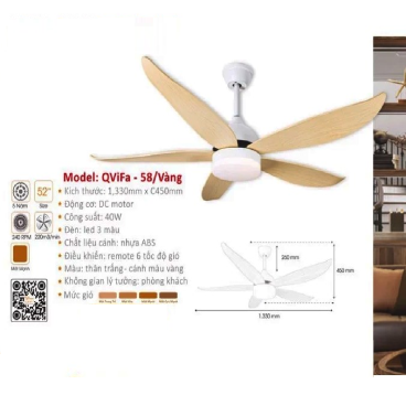 QViFa - 58/Vàng: Quạt trần đèn LED 5 cánh Nhựa màu vàng