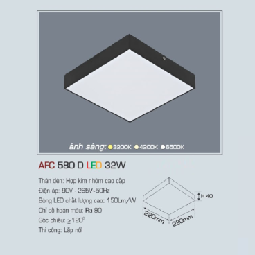 AFC 580D LED 32W: Đèn LED vuông tràn viền gắn nổi vỏ đen 32W, 1 chế độ ánh sáng (vàng/trung tính/trắng)