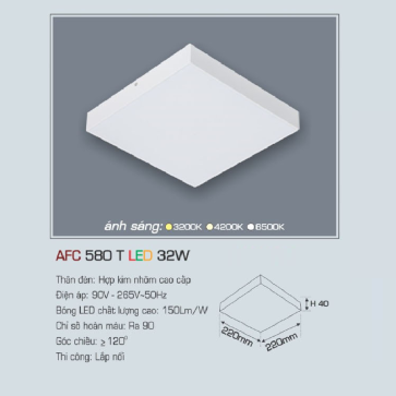 AFC 580T LED 32W: Đèn LED vuông tràn viền gắn nổi 32W, 1 chế độ ánh sáng (vàng/trung tính/trắng)