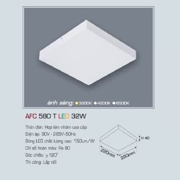 AFC 580T LED 32W: Đèn LED vuông tràn viền gắn nổi 32W, 1 chế độ ánh sáng (vàng/trung tính/trắng)