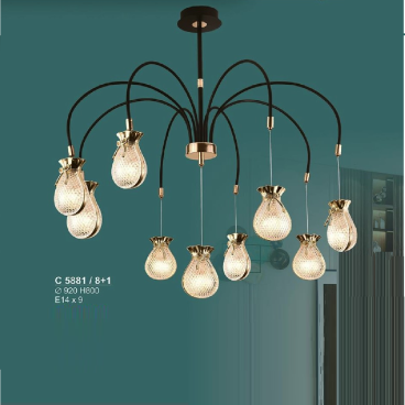 SN - C 5881/8+1:  Đèn chùm thả 9 bóng chao thủy tinh - KT: Ø920mm x H800mm - Đèn E27 x 9 bóng