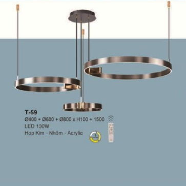 E - T - 59: Đèn thả 3 vòng LED gắn rời - KT: (Ø400mm + Ø600mm + Ø800mm) x H100mm ( chiều cao vòng LED) x H1500mm - Đèn LED 130W - Ánh sáng đổi 3 màu