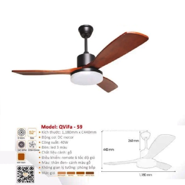 QViFa - 59: Quạt trần đèn 3 cánh gỗ