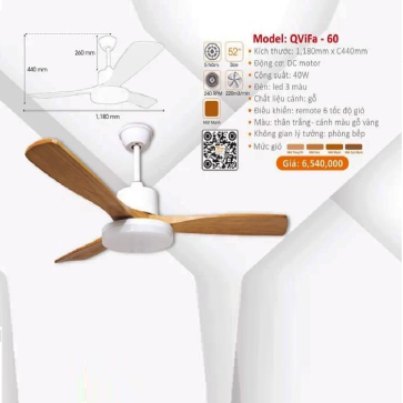QViFa - 60: Quạt trần đèn 3 cánh gỗ