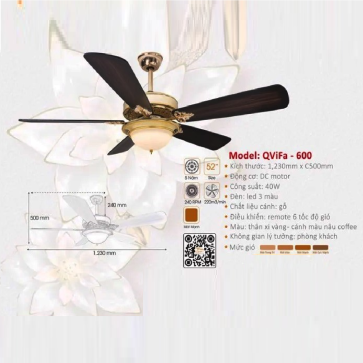 QViFa - 600: Quạt trần đèn LED, 5 cánh gỗ
