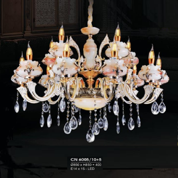 HF - CN 6005/15: Đèn chùm nến 15 tay - KT: Ø850mm x H850mm + 400mm - Đèn nến chân E14 x 15 bóng + Đèn LED
