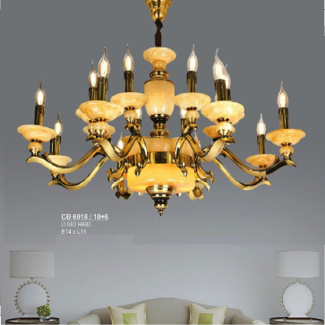 S - CĐ 6018/10+6: Đèn chùm đồng 16 tay, chao đá thiên nhiên - KT: Ø980mm x H680mm - Bóng đèn chân E 14 x 16 bóng