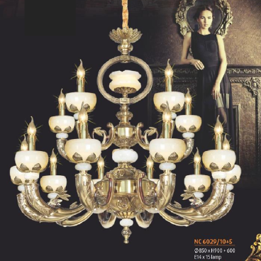 NC 6029/10+5: Đèn chùm đồng 15 tay, chao đá - KT: Ø850mm x H900mm + 600mm - Bóng đèn chân E14 x 15 bóng