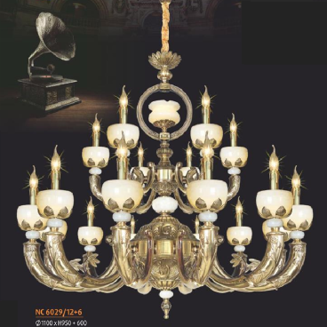 NC 6029/12+6:  Đèn chùm đồng 18 tay, chao đá - KT: Ø 1100mm x H 920mm + 600mm - Bóng đèn chân E14*18 bóng