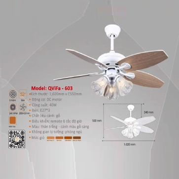QViFa - 603: Quạt trần đèn 5 cánh gỗ