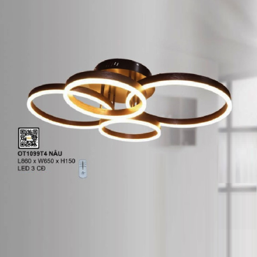 35 - OT1099T4 Nâu - Đèn áp trần hình 4 vòng LED, thân màu nâu - KT: L860mm x W650mm x H150mm - Đèn LED đổi 3 màu - Remote
