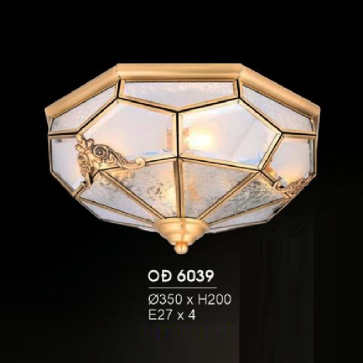HF - OĐ 6039: Đèn ốp trần đồng chao thủy tinh - KT: Ø350mm x H200mm - Bóng đèn chân E27 x 4 bóng