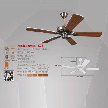 QViFa - 604: Quạt trần  5 cánh gỗ