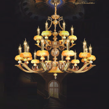 NC 6053/12+6: Đèn chùm đồng, chao đá 18 tay - KT: Ø1100mm x H900mm +500mm - Bóng đèn nến chân E14 x 18 bóng