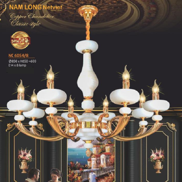NC 6054/8: Đèn chùm đồng 8 tay, chao đá trắng - KT: Ø850mm x H 650mm + 600mm - Bóng đèn chân E14  x 8 bóng