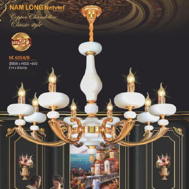 NC 6054/8: Đèn chùm đồng 8 tay, chao đá trắng - KT: Ø850mm x H 650mm + 600mm - Bóng đèn chân E14  x 8 bóng