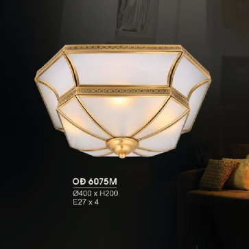 HF - OĐ 6075M: Đèn ốp trần đồng chao thủy tinh - KT: Ø400mm x H200mm - Bóng đèn chân E27 x 4 bóng