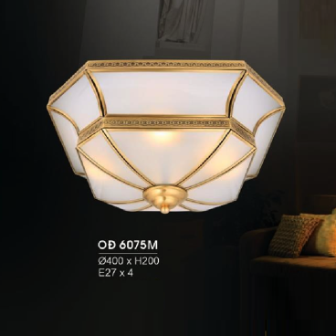 HF - OĐ 6075M: Đèn ốp trần đồng chao thủy tinh - KT: Ø400mm x H200mm - Bóng đèn chân E27 x 4 bóng