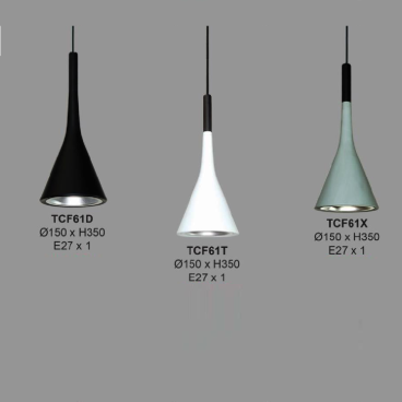 TCF61: Đèn thả đơn chóa hợp kim màu (Đen/Trắng/Xanh) - KT: Ø152mm x H350mm - Bóng đèn E27 x 1
