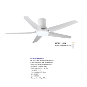 MODEL - Q61: Quạt trần đèn 5 cánh nhựa ABS màu trắng