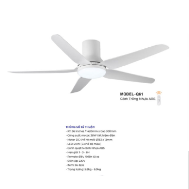 MODEL - Q61: Quạt trần đèn 5 cánh nhựa ABS màu trắng