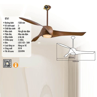 QT61: Quạt trần đèn 3 cánh gỗ