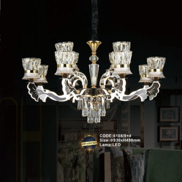 CODE: 6108/8+4: Đèn chùm LED 12 tay, chao thủy tinh/Phale - KT: Ø930mm x H480mm - Đèn LED đổi 3 màu