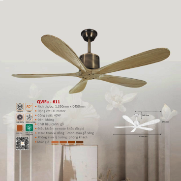 QVifa - 611: Quạt trần 5 cánh gỗ