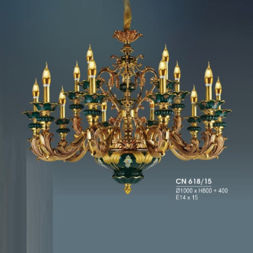 HF - CN 618/15: Đèn chùm nến 15 tay - KT: Ø1000mm x H800mm + 400mm - Đèn nến chân E14 x 15 bóng