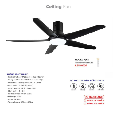MODEL - Q.62: Quạt trần đèn 5 cánh nhựa ABS