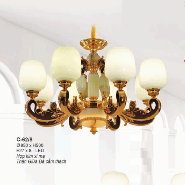 E - C - 62/8: Đèn chùm 8 tay -  KT: Ø850mm x H500mm - Bóng đèn E27 x 8 bóng+ Đèn LED