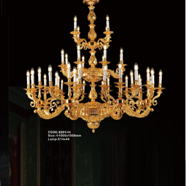 CODE: 6201/44: Đèn chùm đồng 44 tay, 3 tầng  - KT: 1000mm x H1500mm - Bóng đèn chân E14 x 44 bóng