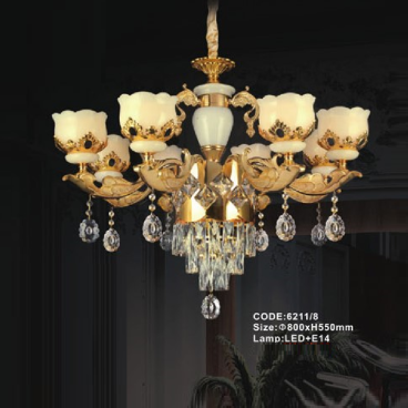 CODE: 6211/8: Đèn chùm 8 tay chao thủy tinh - KT: Ø800mm x H550mm - Bóng đèn E14 x 8 bóng + Đèn LED